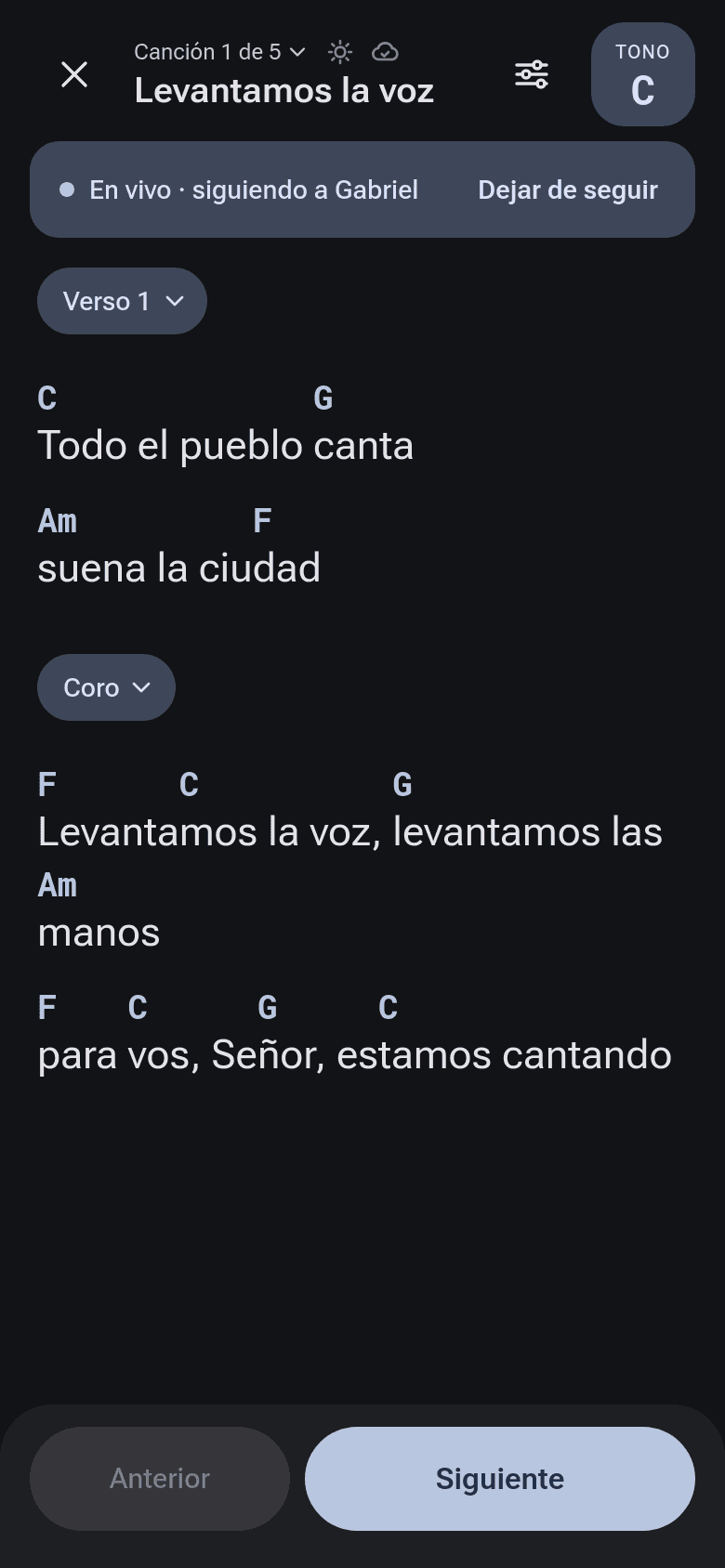 Pantalla de una cantante siguiendo al líder