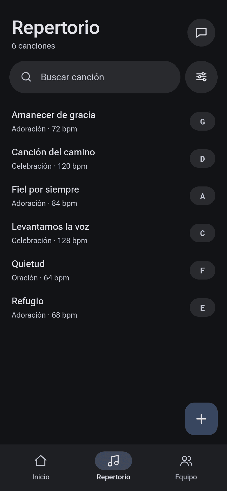 Repertorio con seis canciones, su tono y su tempo
