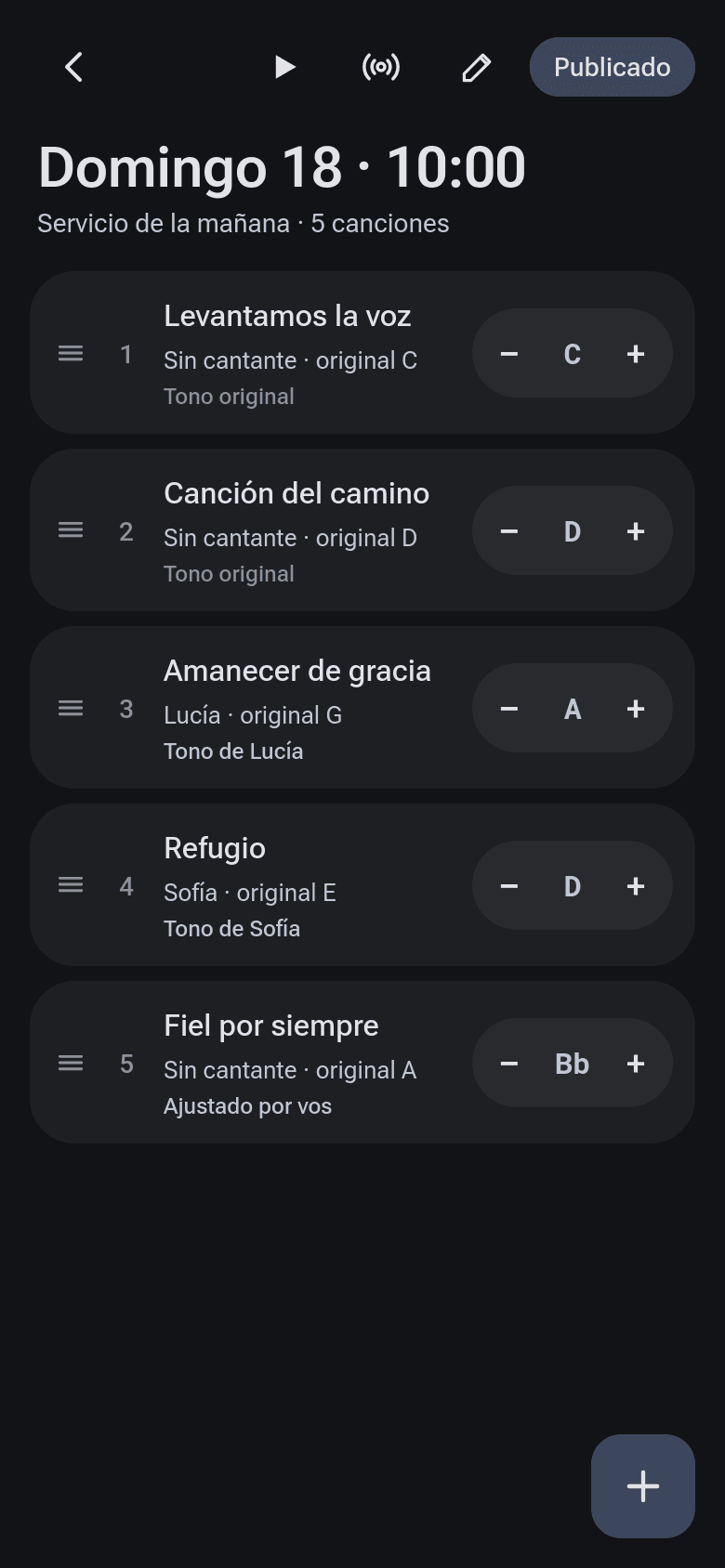 Setlist de un servicio con cinco canciones y el tono de cada una